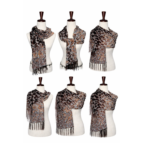 Silk Burnout Velvet Satin Floral Scarf Black Brown Fringe 20 X 68 Inch - Picture 2 of 11